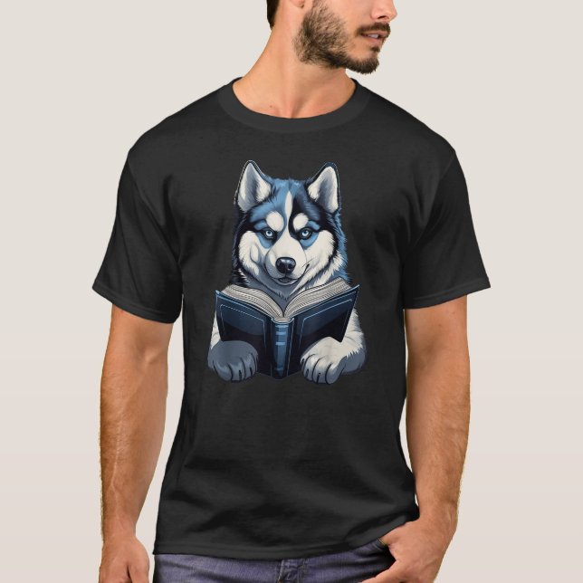 Cute Dog Siberian Husky Reading Book T-Shirt (Vorderseite)