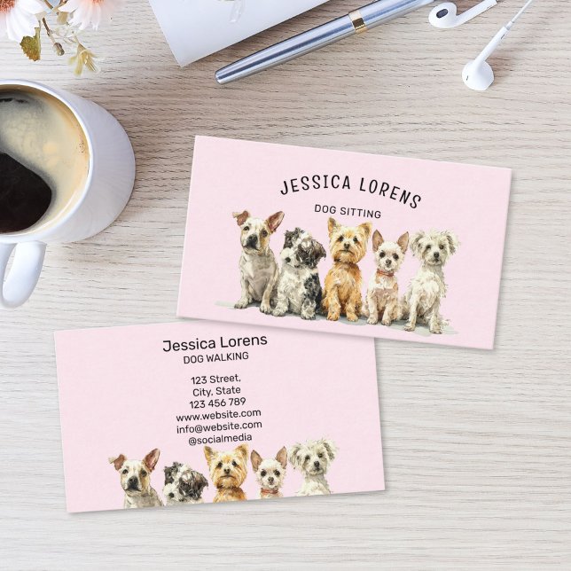 Cute Dog Sitter, Pet Groomer, Veterinarian, Puppy  Visitenkarte (Cute Dog Sitter, Pet Groomer, Veterinarian Business Card with pink background and watercolor puppies)