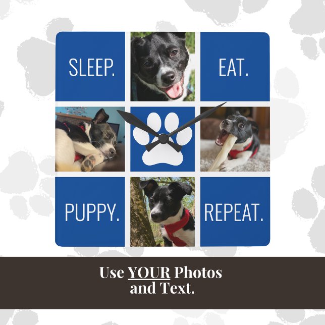 Cute Dog Sleep Eat Wiederholung der modernen Anima Quadratische Wanduhr (This dog mom custom photo and text clock is a cute, practical and unique gift for Mother's Day!)