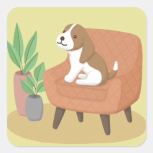Cute Dog, Stuhl & Pflanzen Illustration Art Quadratischer Aufkleber