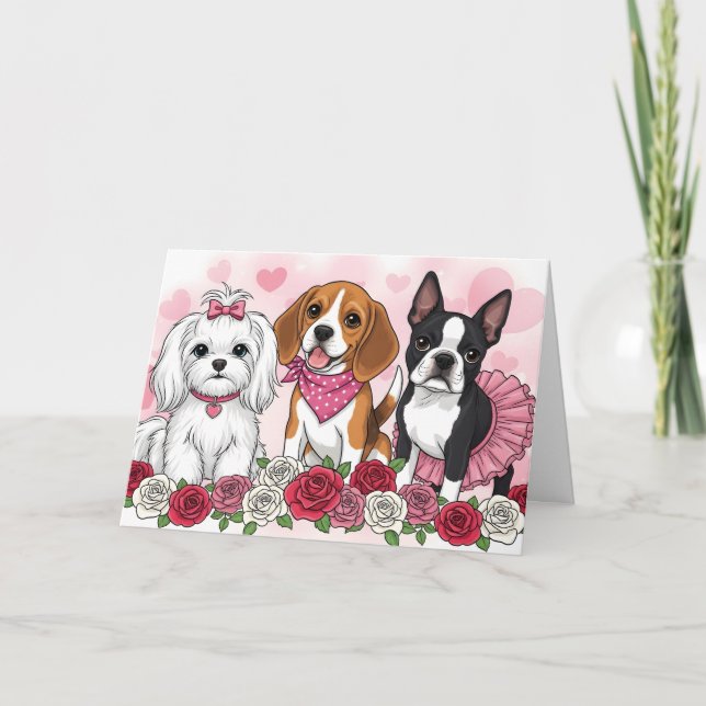 Cute Dog Trio Roses Valentine's Day Card - Pet Lov Karte (Vorderseite)