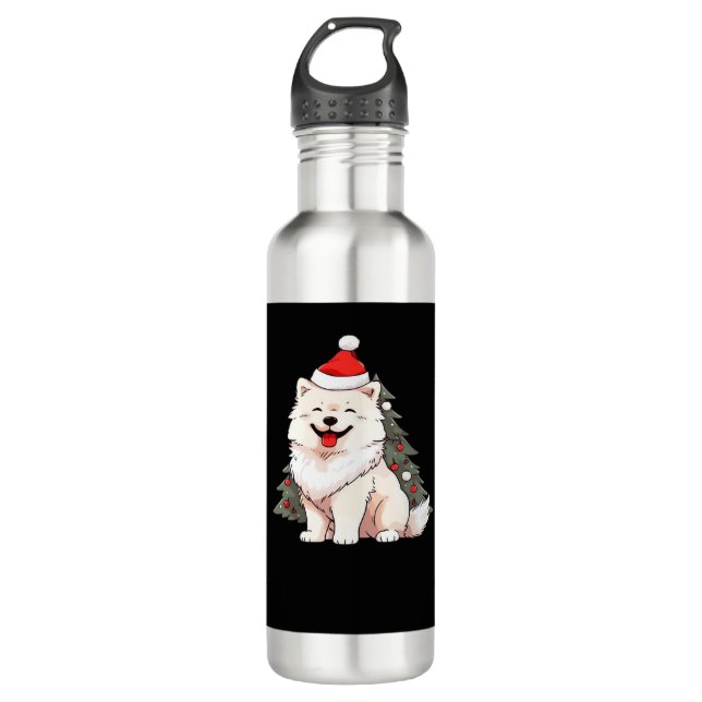 Cute Dog wearing Santa hat and Christmas tree Clas Edelstahlflasche (Vorderseite)