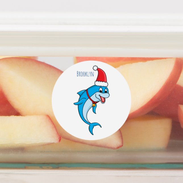 Cute dolphin with Santa hat cartoon Etiketten (Befestigt)