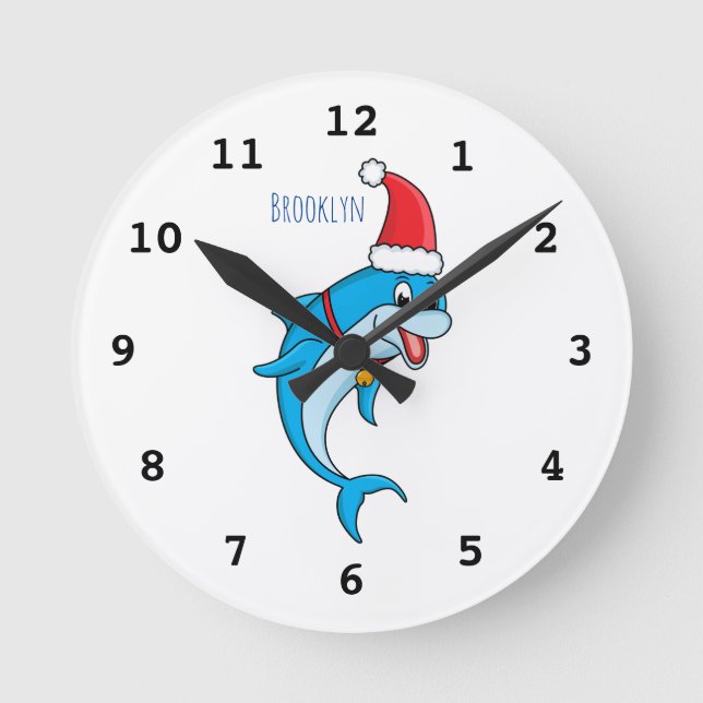 Cute dolphin with Santa hat cartoon Runde Wanduhr (Vorderseite)