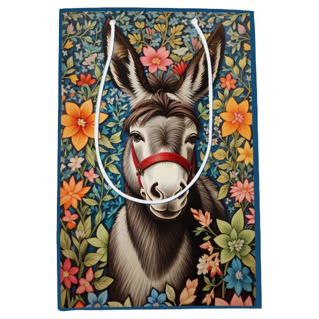 Cute Donkey On Colorful Floral Background Mittlere Geschenktüte (Vorderseite)
