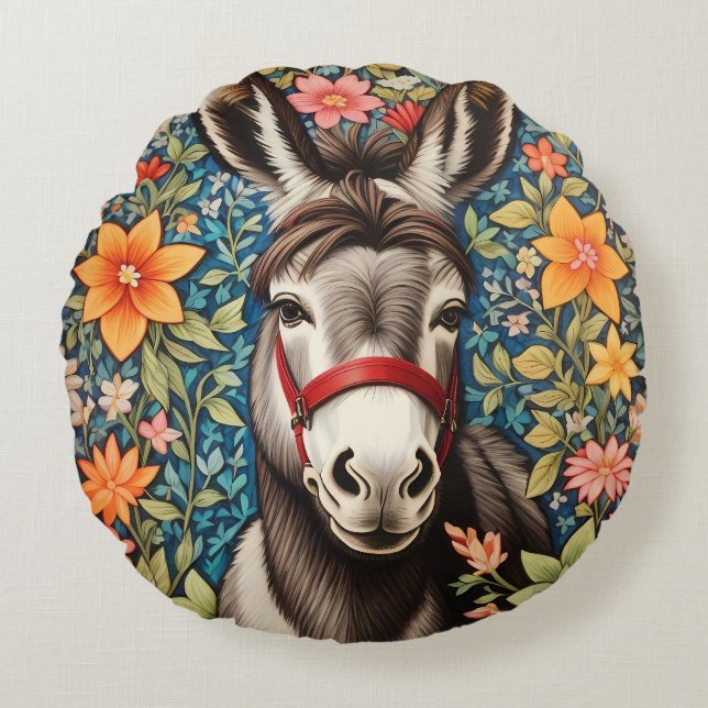 Cute Donkey On Colorful Floral Background Rundes Kissen (Vorderseite)