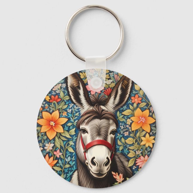 Cute Donkey On Colorful Floral Background Schlüsselanhänger (Vorderseite)