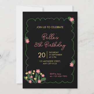 Cute Doodle Flower Frame Kids Birthday Invitation Einladung