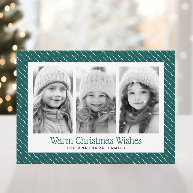 Cute dotted stripes merry Christmas 3 photos green Feiertagskarte (Cute dotted stripes merry Christmas 3 photos green Holiday Card)
