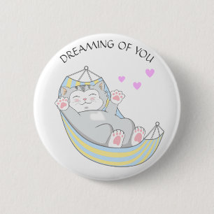 Cute Dreamer Kitty Cat with Heart in Hammock Button