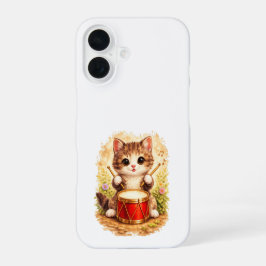 Cute Drummer Cat iPhone 16 Case Kawaii Art Hülle