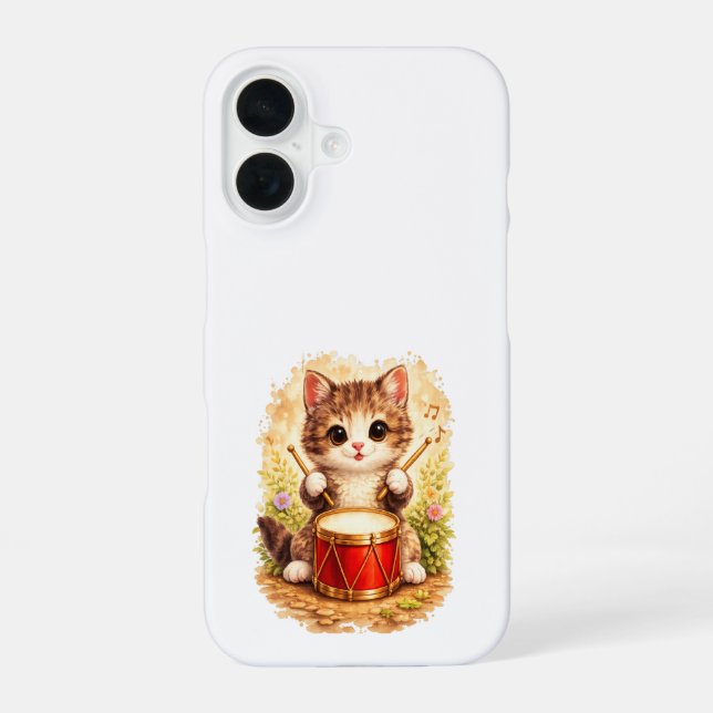 Cute Drummer Cat iPhone 16 Case Kawaii Art Hülle (Rückseite)