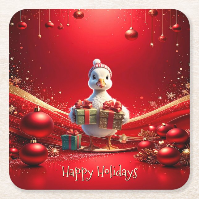 Cute Duck Christmas Holiday Paper Coaster Rechteckiger Pappuntersetzer (Vorderseite)