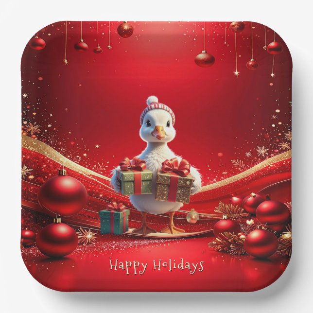 Cute Duck Christmas Holiday Paper Plate Pappteller (Vorderseite)