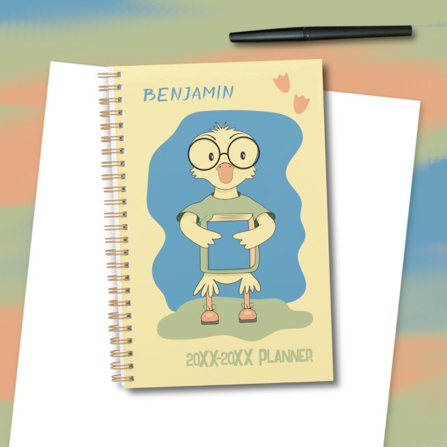 Cute Duck with Book Kid Yellow Academic Planner Planer (Cute yellow duckling with book kid academic planner .)