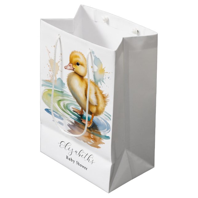 Cute Duckling Gender Neutral Baby Shower Mittlere Geschenktüte (Vorderseite Schrägansicht)