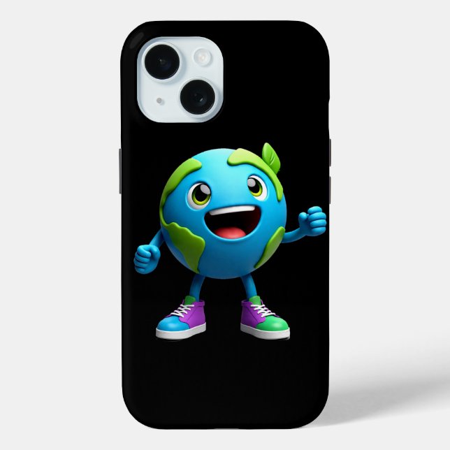 Cute Earth Cartoon iPhone 15 Case – Fun Eco (Rückseite)