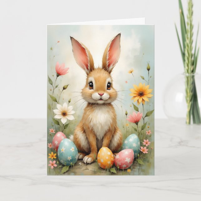 Cute Easter Bunny Eggs Flowers Easter Karte (Vorderseite)