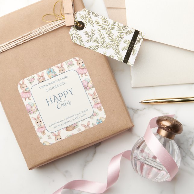 Cute Easter Bunny Floral Pattern Candle Label Quadratischer Aufkleber (Schenken)