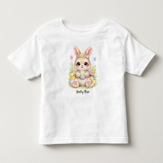 Cute Easter Bunny Holding Eggs with Flowers Kleinkind T-shirt (Vorderseite)