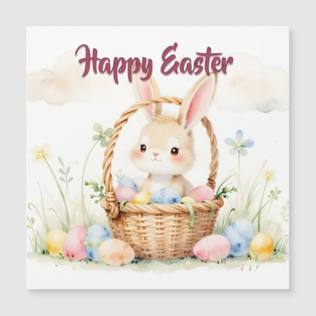 Cute Easter Bunny in Basket with Colorful Eggs Magnetkarte (Vorderseite)