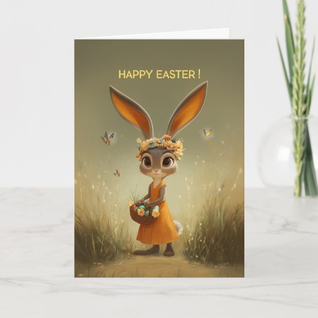 Cute Easter Bunny in Orange Dress w/ Basket Karte (Vorderseite)