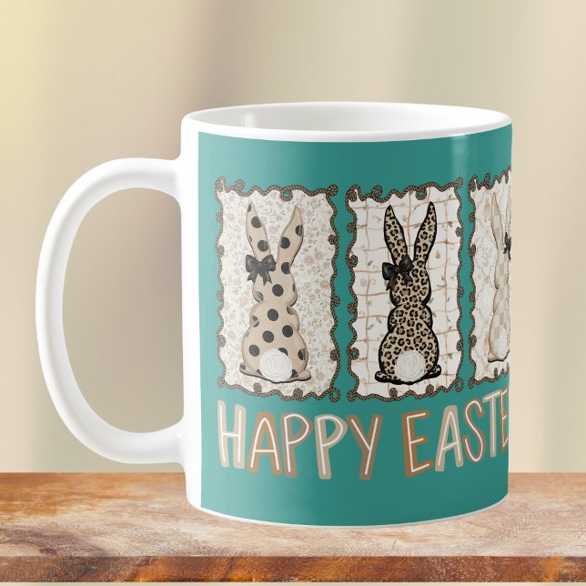 Cute Easter Bunny n Animal Print Brown Bows Teal Kaffeetasse (Von Creator hochgeladen)