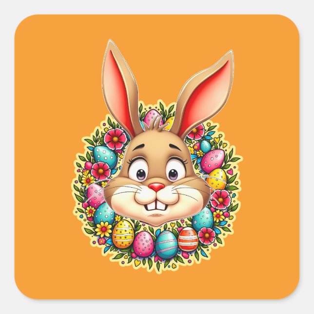 Cute Easter Bunny – Spring Flowers Autocolante Quadratischer Aufkleber (Vorderseite)