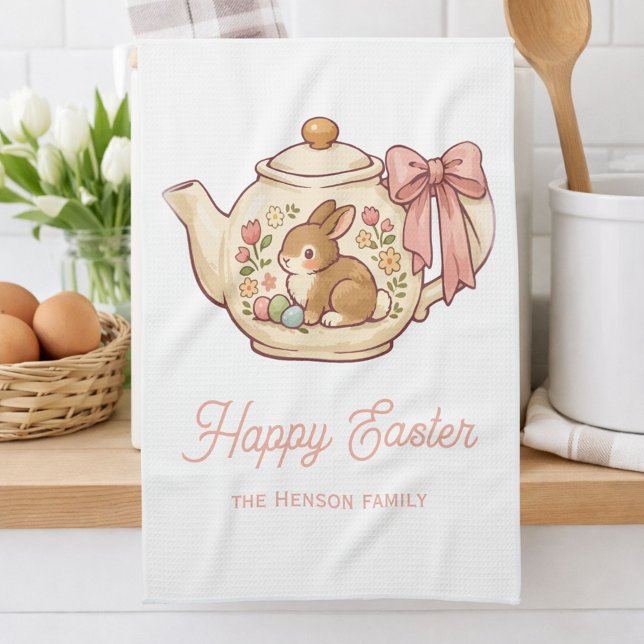 Cute Easter Bunny Teapot Flowers Geschirrtuch (Von Creator hochgeladen)