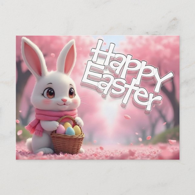 Cute Easter Bunny with Basket and Colorful Eggs Postkarte (Vorderseite)