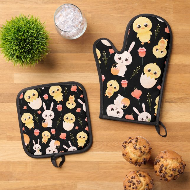Cute Easter Chicks & Bunnies Seamless Pattern  Ofenhandschuh & Topflappen-Set (Oben Unten)