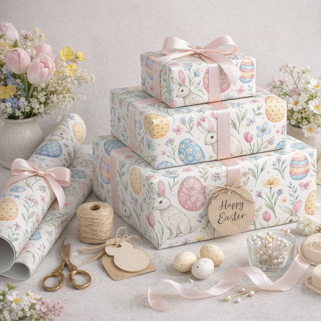 Cute Easter Egg and Spring Bunny Illustration Geschenkpapier (Von Creator hochgeladen)
