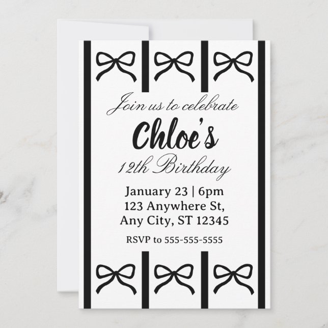 Cute editable bow birthday invite einladung (Vorderseite)