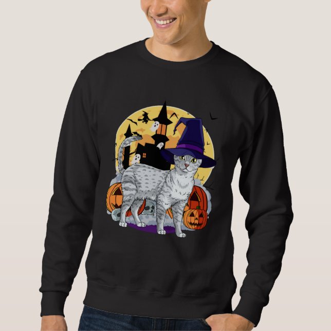 Cute Egyptian Mau Cat Halloween Witch Pumpkin Sweatshirt (Vorderseite)