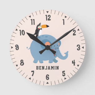 Cute Elephant and Bird Boys Room Decor Custom Runde Wanduhr