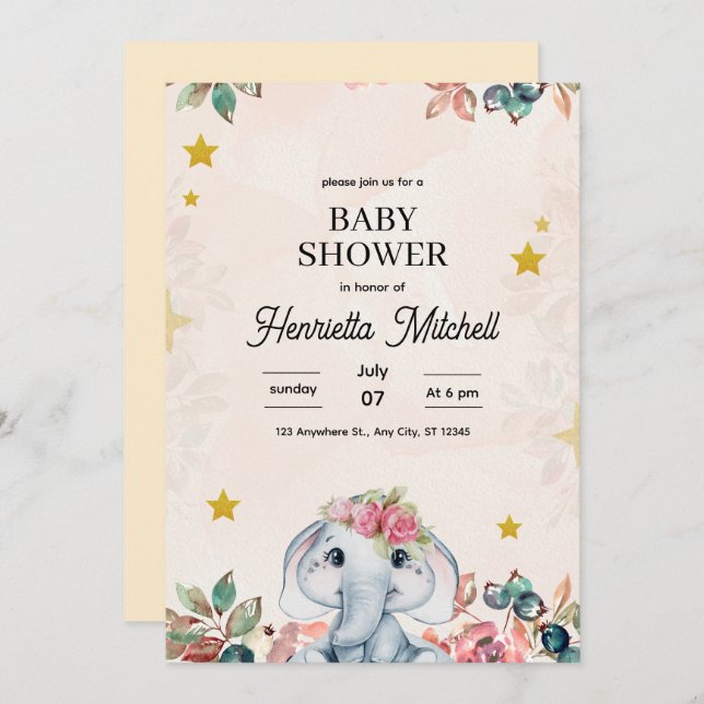 Cute Elephant Baby Shower Invite, Girl Baby Shower Einladung (Vorne/Hinten)