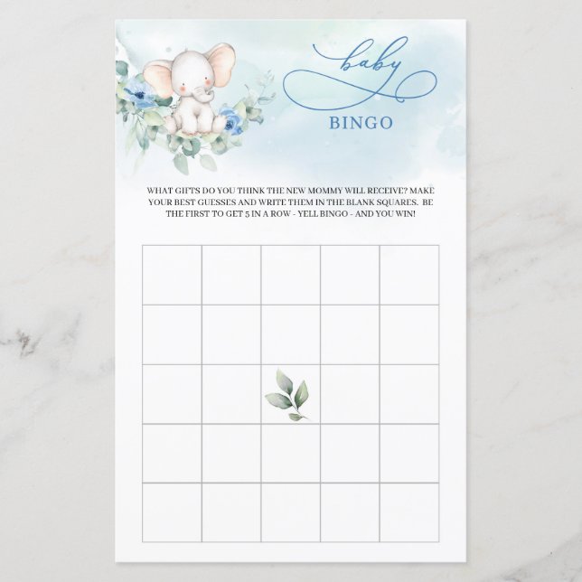 Cute elephant blue flowers eucalyptus baby bingo (Vorderseite)