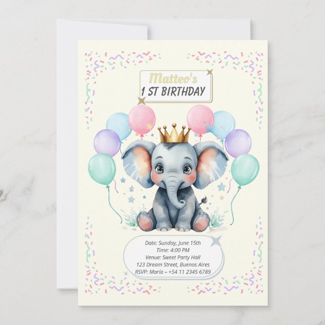 "Cute Elephant First Birthday pastel designs" Einladung (Vorderseite)
