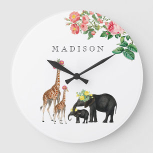 Cute Elephant & Giraffe Floral Custom Baby Name Große Wanduhr