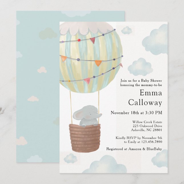 Cute Elephant Hot Air Balloon Baby Shower  Einladung (Vorne/Hinten)