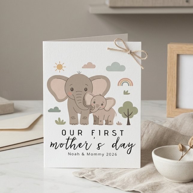 Cute Elephant Mom Baby First Mothers Day Art Karte (Von Creator hochgeladen)