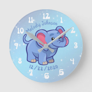 Cute Elephant Monogram Name & B Day Nursery & kids Runde Wanduhr