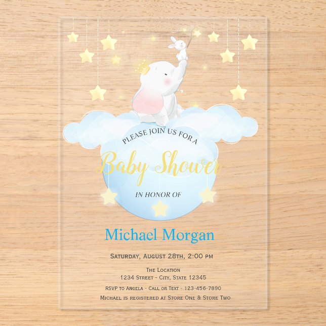 Cute Elephant Moon Stars Acrylic Invitation Acryleinladungen (Vorderseite)