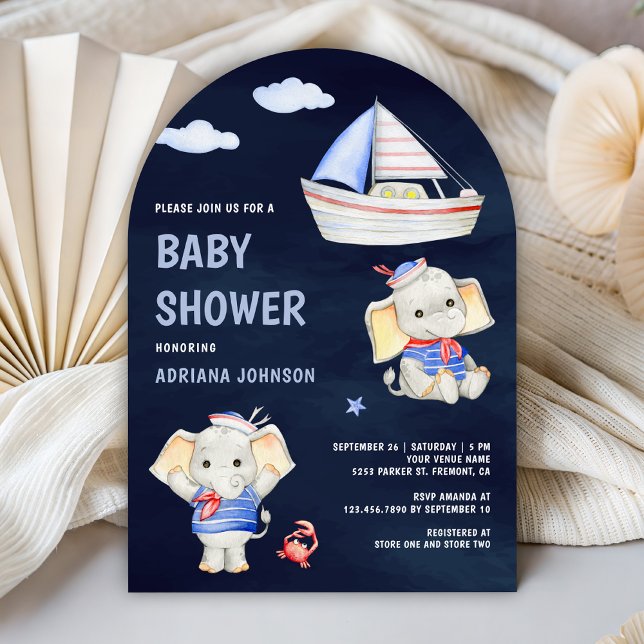 Cute Elephant Nautical Boat Navy Blue Baby Shower Einladung (Von Creator hochgeladen)