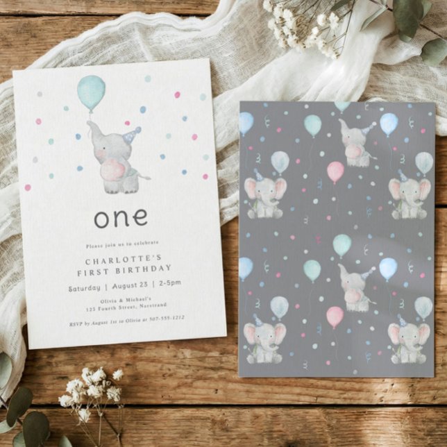 Cute Elephant One 1st Birthday Party Einladung (Watercolor elephant 1st birthday invitation with balloon and pastel confetti on white background)