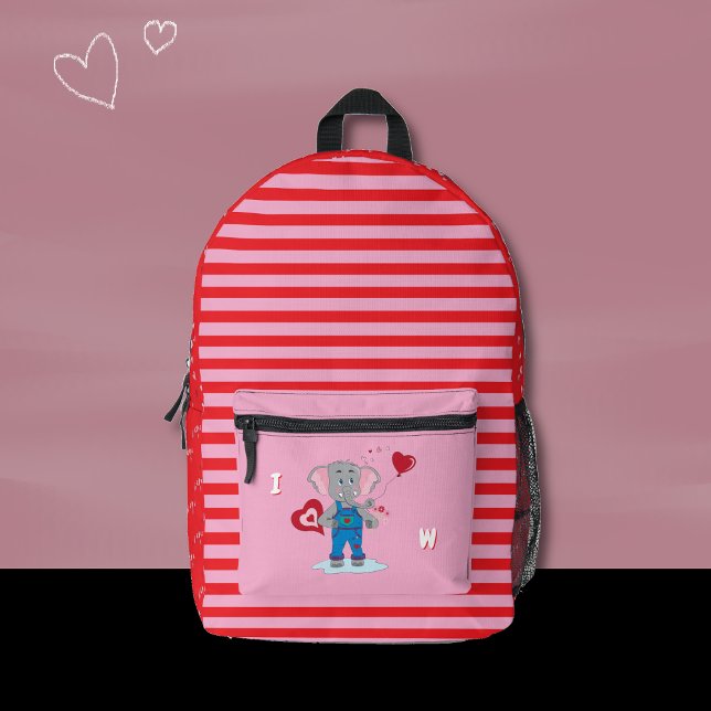 Cute Elephant Pink and Red Kid Monogram Backpack  Bedruckter Rucksack (Cute pink and red backpack featuring a cartoon elephant , a stripe pattern and some tiny hearts .)