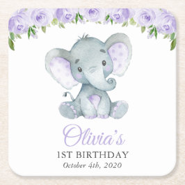 Cute Elephant, Purple Flowers, First Birthday Rechteckiger Pappuntersetzer
