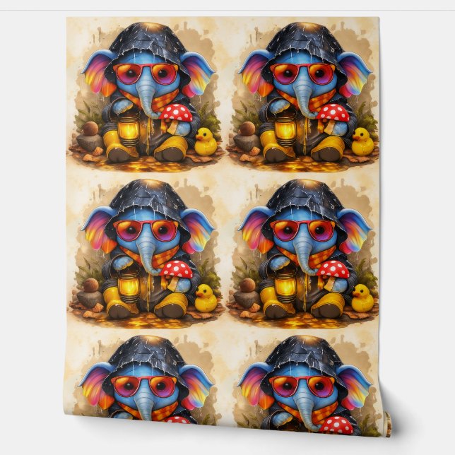 Cute Elephant Raincoat Pattern Wallpaper Tapete (Abrollen)