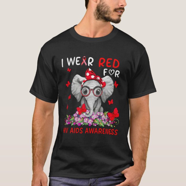 Cute Elephant Wear Red Ribbon For HIV AIDS Awarene T-Shirt (Vorderseite)