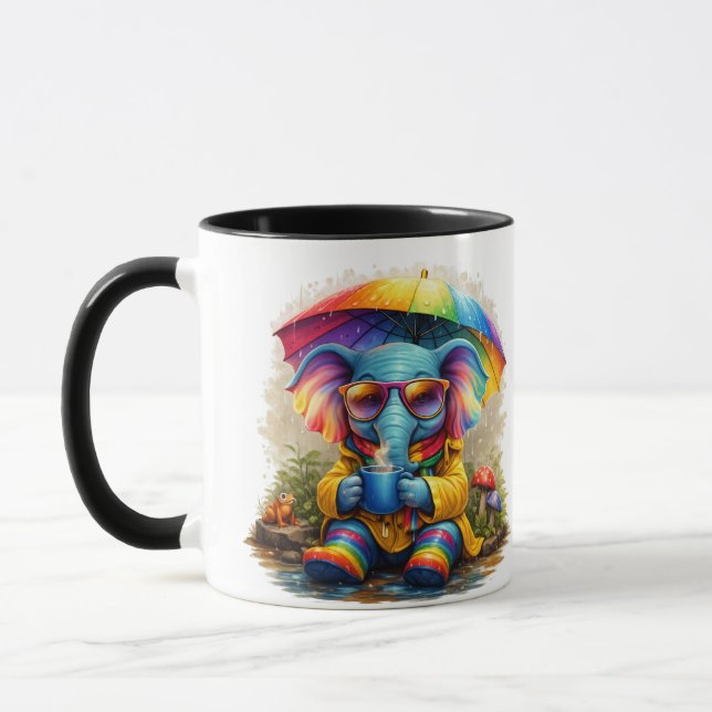 Cute Elephant with Rainbow Umbrella Coffee Mug Tasse (Links)